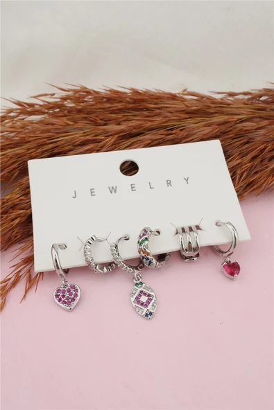 Kadın Kararmaz Altın Kaplama Gümüş Renk  Kıkırdak Model Zirkon İşleme 6 Lı Küpe Seti ürün görseli