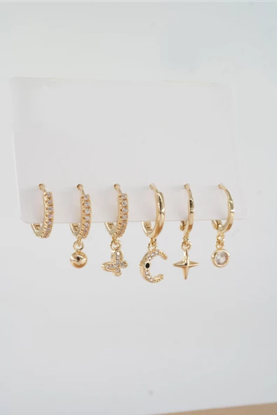 Kadın Altın Kaplama Kararmaz Zirkon İşleme 6 lı Küpe Set