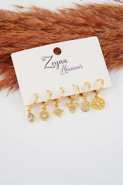 Kadın Altın Kaplama Zirkon İşleme Kıkırdak Model 6 lı Küpe Seti ürün görseli