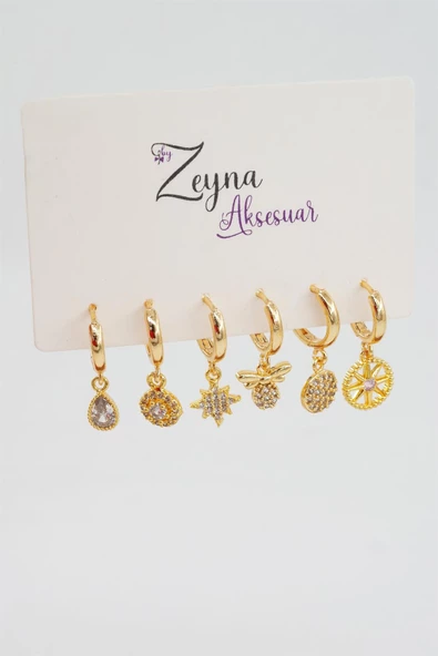 Kadın Altın Kaplama Zirkon İşleme Kıkırdak Model 6 lı Küpe Seti - Resim 2