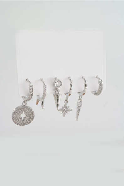Kadın Kararmaz Altın Kaplama 6'lı Zirkon Set Küpe - 2