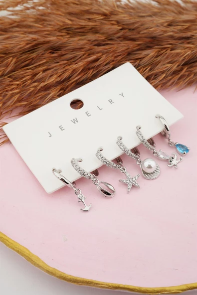 Kadın Altın Kaplama Kararmaz Zirkon İşleme İncili 6 lı Küpe Set