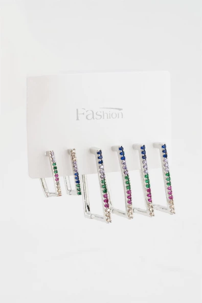 Kadın Kararmaz Altın Kaplama  Renkli Zirkon İşleme 6 lı Küpe Set ürün görseli