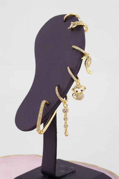 Kadın Kararmaz Altın kaplama Papagan Figürlü ve Helix model 6'lı Küpe Set - 2