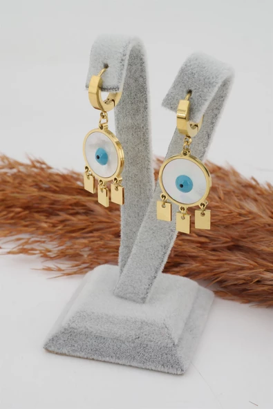 Kadın Kararmaz Çelik Göz Detaylı Sallantılı  2'li Küpe Set - Resim 2