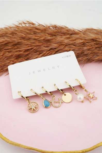 Kadın Yıldız Figürlü 6'lı Zirkon Set Küpe - 2