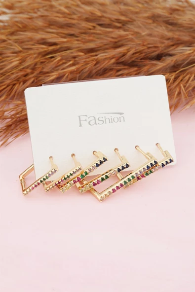 Kadın Kararmaz Altın Kaplama Renkli Zirkon İşleme 6 lı Küpe Set - Resim 2