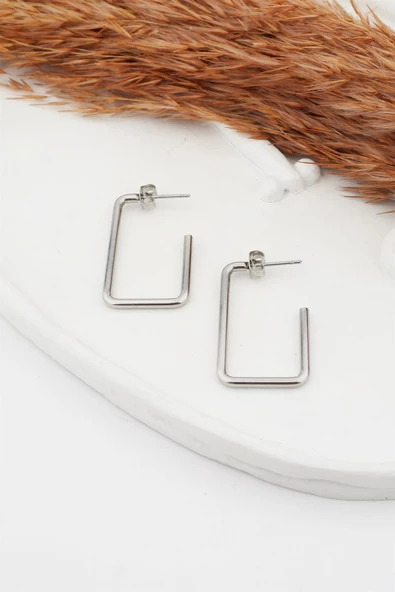 Kadın 316L Paslanmaz Çelik Basic Geometrik 3.5 cm Dikdörtgen Model Küpe ürün görseli