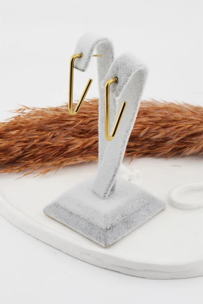 Kadın 316L Paslanmaz Çelik Basic Geometrik 3 cm V Model Küpe - Resim 2