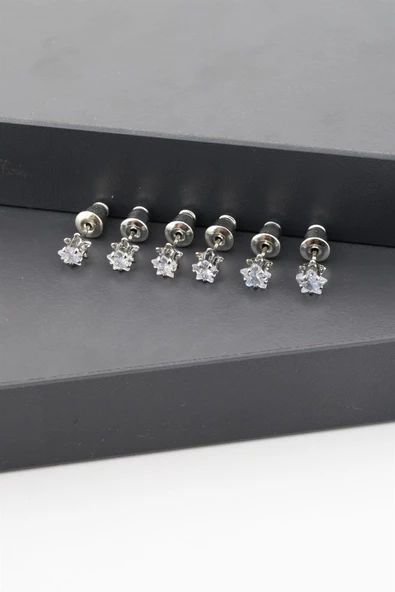 Kadın Basic Zirkon Taşlı 2 Boy Yıldız Model 6'lı Küpe Seti ürün görseli