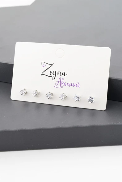 Kadın Basic Zirkon Taşlı 2 Boy Yıldız Model 6'lı Küpe Seti - Resim 2