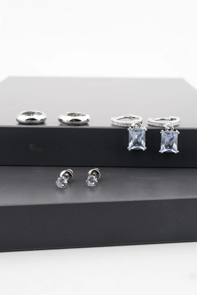 Kadın Altın Kaplama  Kare Baget Zirkon Taşlı  6'lı Set Küpe - Resim 3