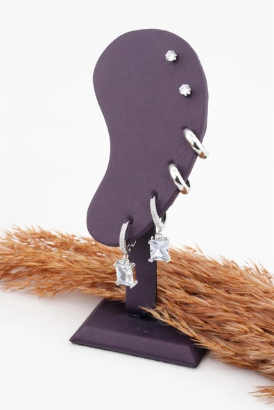 Kadın Altın Kaplama  Kare Baget Zirkon Taşlı  6'lı Set Küpe - Resim 2