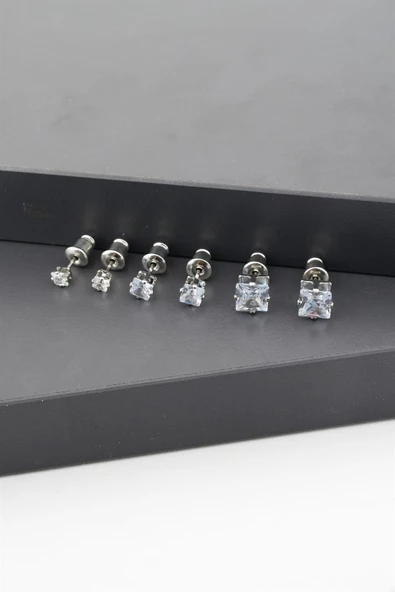 Kadın Basic Zirkon Taşlı 3 Boy Kare Model 6'lı Küpe Seti ürün görseli