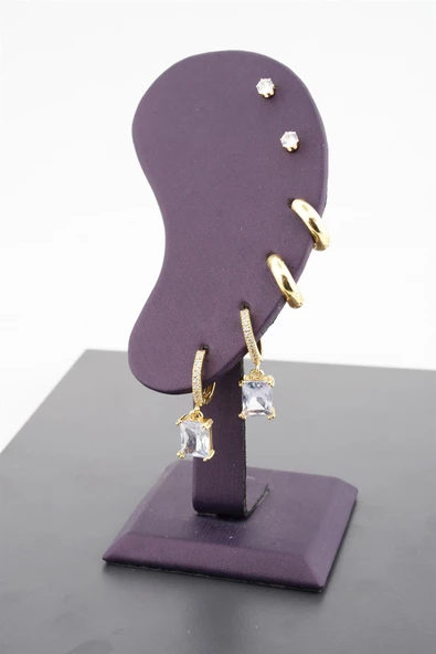 Kadın Altın Kaplama  Kare Baget Zirkon Taşlı  6'lı Set Küpe - Resim 2