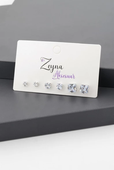 Kadın Basic Zirkon Taşlı 3 Boy Kare Model 6'lı Küpe Seti - Resim 2