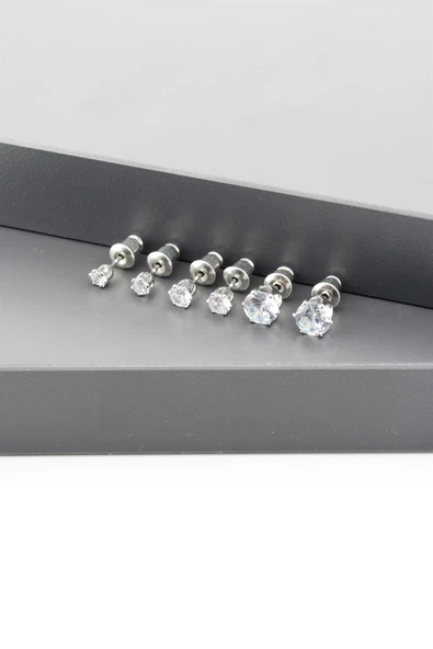 Kadın Basic Zirkon Taşlı 3 Boy Oval Model 6'lı Küpe Seti ürün görseli