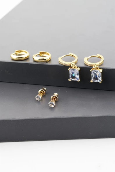 Kadın Altın Kaplama  Kare Baget Zirkon Taşlı  6'lı Set Küpe ürün görseli