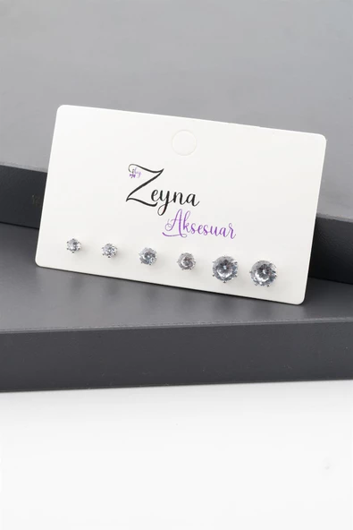 Kadın Basic Zirkon Taşlı 3 Boy Oval Model 6'lı Küpe Seti - Resim 2