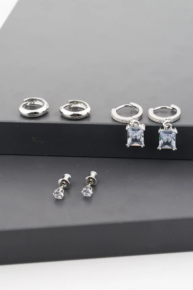 Kadın Altın Kaplama  Kare Baget Zirkon Taşlı  6'lı Set Küpe ürün görseli