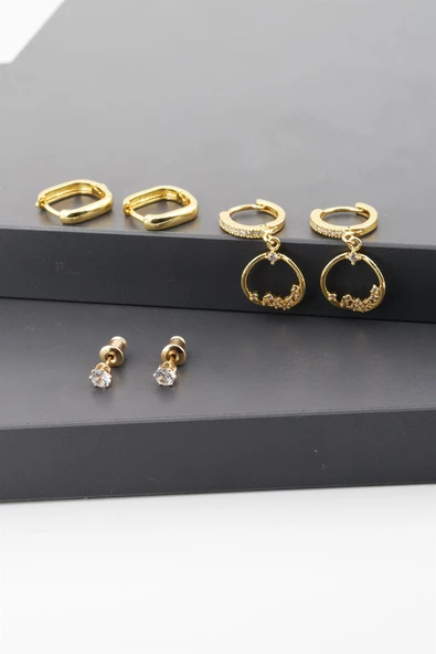 Kadın Altın Kaplama Zirkon Taşlı 6'lı Set Küpe ürün görseli