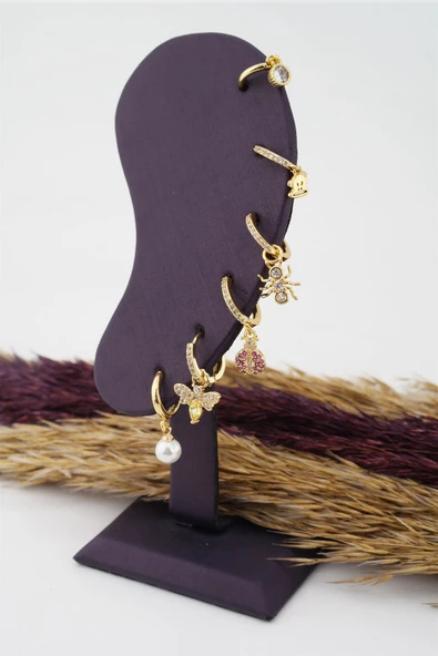 Kadın Altın Kaplama Mix Figürlü 6'lı Set Küpe - Resim 2