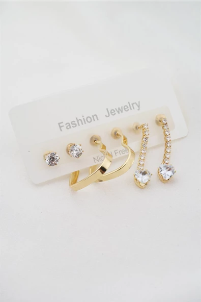 Kadın Zirkon Taşlı ve Kalp Figürlü 6'lı Küpe Seti ürün görseli