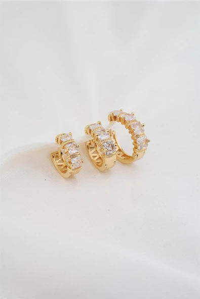 Kadın Altın Kaplama Baget Zirkon Taşlı Figürlü 3 Boy Küpe Seti - Resim 2