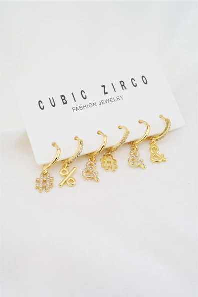 Kadın Altın Kaplama Hashtag Figürlü 6'lı Küpe Seti