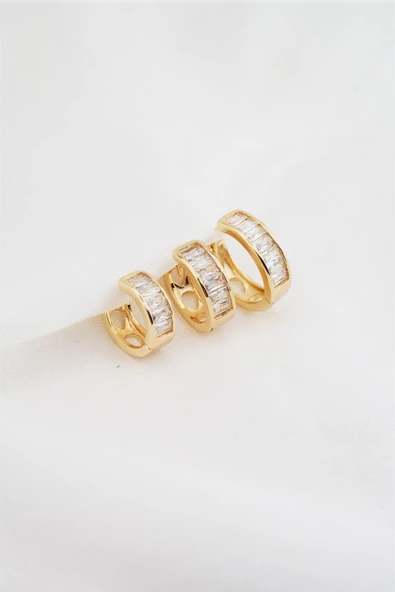 Kadın Altın Kaplama Baget Zirkon Taşlı Figürlü 3 Boy Küpe Seti - Resim 2