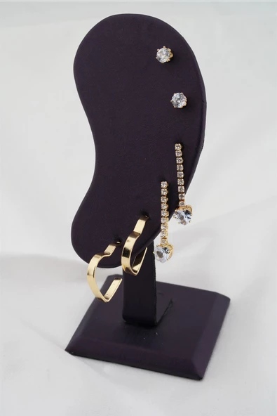 Kadın Zirkon Taşlı ve Kalp Figürlü 6'lı Küpe Seti - Resim 2