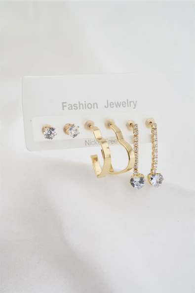 Kadın Zirkon Taşlı ve Kalp Figürlü 6'lı Küpe Seti - Resim 3