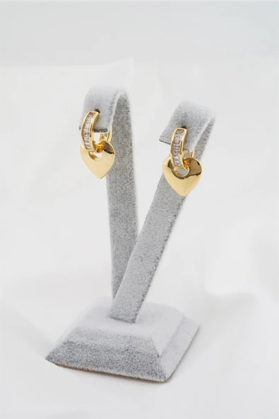 Kadın Altın Kaplama Baget Zirkon Taşlı Kalp Figürlü 2'li Küpe - Resim 2