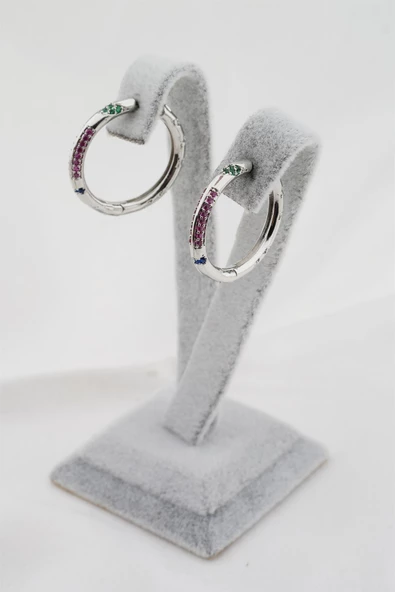 Kadın Altın Kaplama Mix Renkli Zirkon Taşlı Halka Küpe - Resim 3