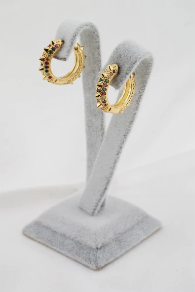 Kadın Altın Kaplama Renkli Zirkon Taşlı Halka Küpe - Resim 3