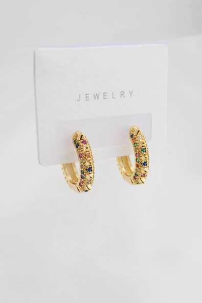 Kadın Altın Kaplama Renkli Zirkon Taşlı Halka Küpe - Resim 2