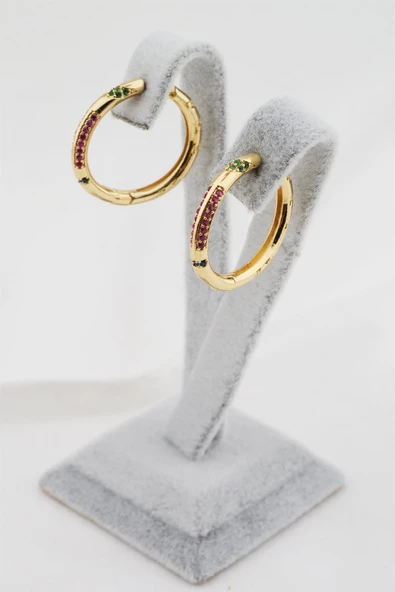 Kadın Altın Kaplama Mix Renkli Zirkon Taşlı Halka Küpe - Resim 3