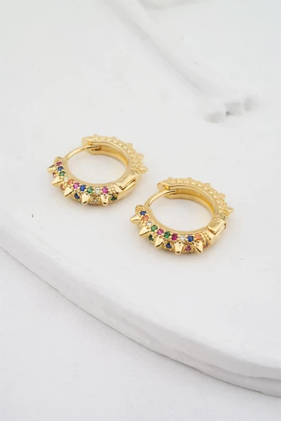 Kadın Altın Kaplama Renkli Zirkon Taşlı Halka Küpe ürün görseli