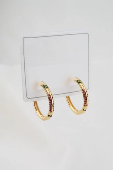 Kadın Altın Kaplama Mix Renkli Zirkon Taşlı Halka Küpe - Resim 2