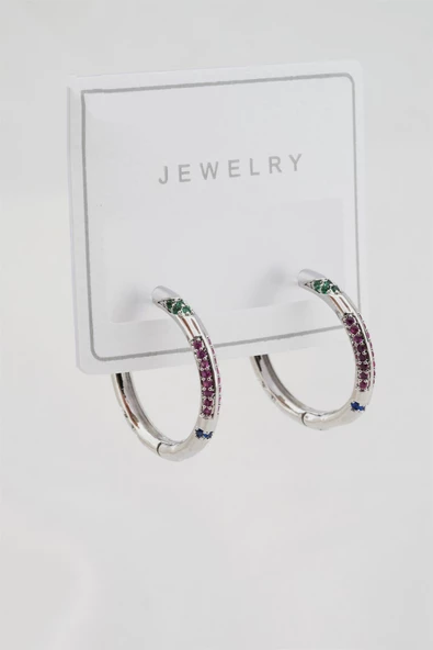 Kadın Altın Kaplama Mix Renkli Zirkon Taşlı Halka Küpe - Resim 2