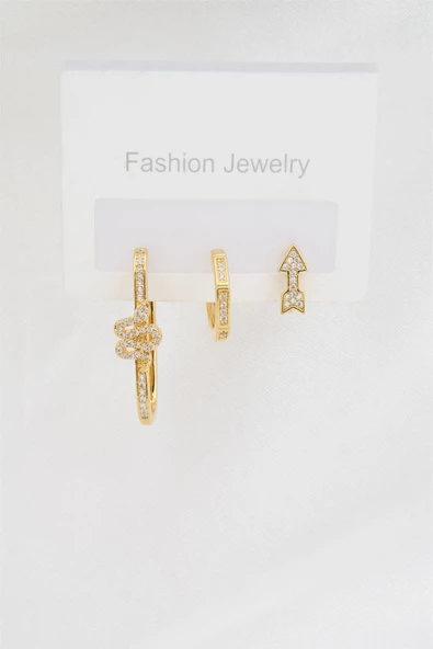 Kadın Altın Kaplama Zirkon Taşlı Yılan Model ve Kıkırdak Ok 3'lü Küpe Set ürün görseli