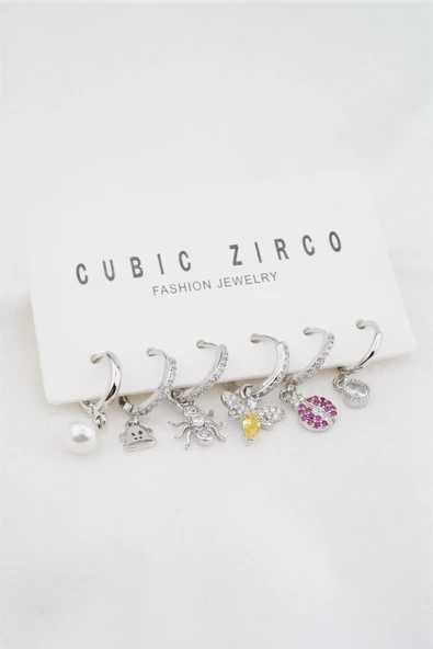 Kadın Altın Kaplama Zirkon Taşlı Karışık Figürlü 6'lı Küpe Set - Resim 2