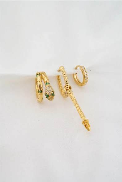 Kadın Altın Kaplama Zirkon Taşlı Yılan Model 3'lü Küpe Set ürün görseli