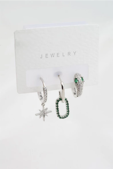 Kadın Altın Kaplama Zirkon Taşlı Yılan Model 3'lü Küpe Set ürün görseli