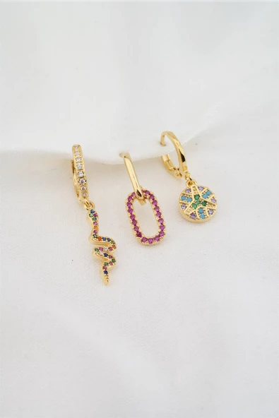 Kadın Altın Kaplama Renkli Zirkon Taşlı Yılan Model 3'lü Küpe Set - Resim 2