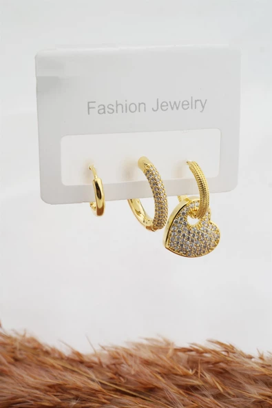 Kadın Altın Kaplama Zirkon Taşlı Kalp Figürlü 3'lü Küpe Seti - Resim 2