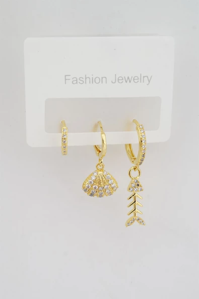 Kadın Altın Kaplama Zirkon Taşlı Deniz Kabuğu Figürlü 3'lü Küpe Seti - Resim 2