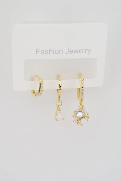 Kadın Altın Kaplama Yuvarlak Baget  Zirkon Taşlı 3'lü Küpe Seti ürün görseli