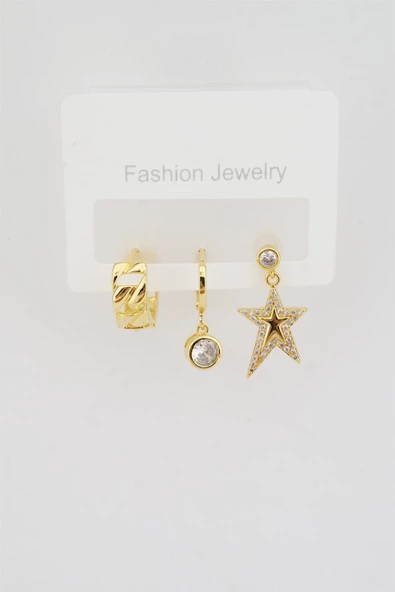 Kadın Altın Kaplama Zirkon Taşlı Yıldız Figürlü 3'lü Küpe Seti ürün görseli