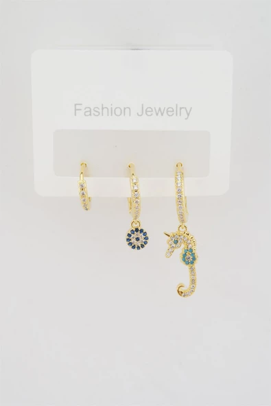 Kadın Altın Kaplama Zirkon Taşlı Denizatı Figürlü 3'lü Küpe Seti - Resim 2